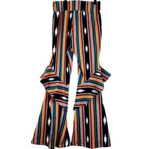 Social Butterfly Stripe Ruffle Bell Bottom Pants Women XL Multicolor Boho Retro